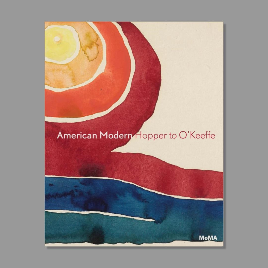 Book cover with abstract design and text 'American Modern: Hopper to O'Keeffe' by MoMA on a gray background