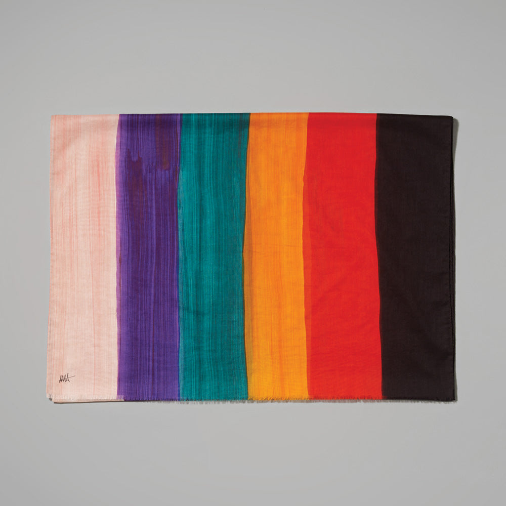 100% cotton voile, with rolled edges Mary Heilmann scarf featuring pink, purple, teal, orange, red, and black stripes. Measures 27.50" x 78.75".