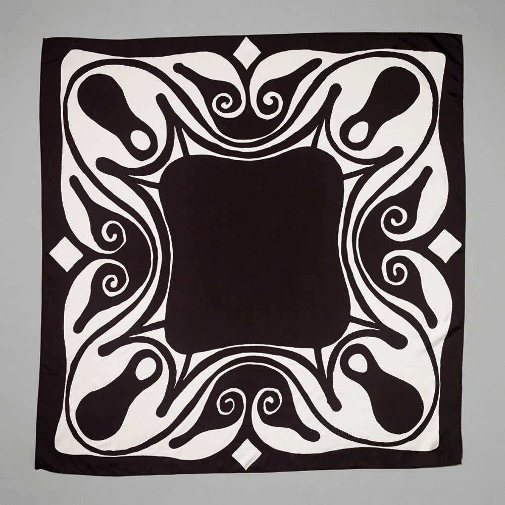 100% silk twill origin scarf by Carol Bove. Measures 36" x 36".