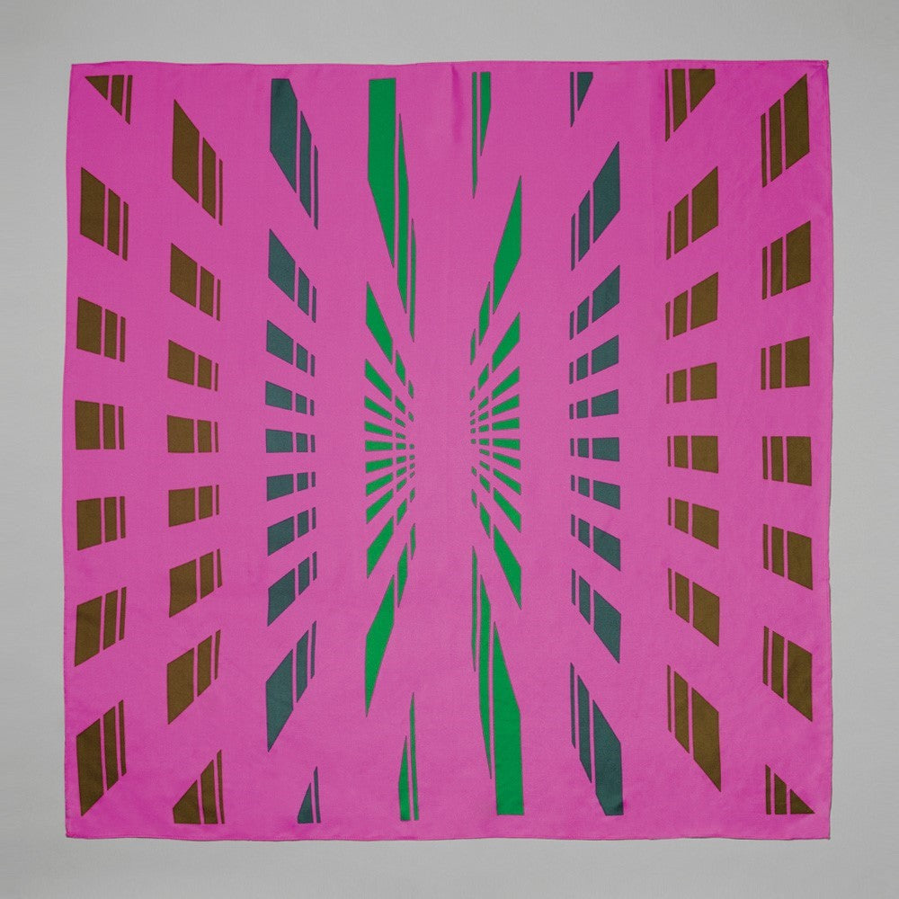 100% silk twill magenta with green corridor scarf by Carol Bove. Measures 36" x 36"