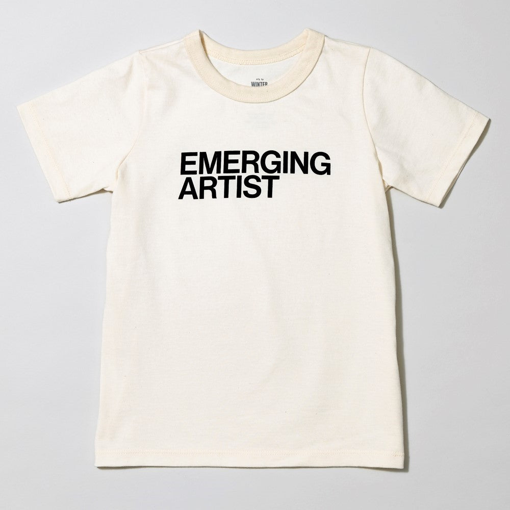100% certified organic cotton white kid's t-shirt with Emerging Artist screen printed in black text