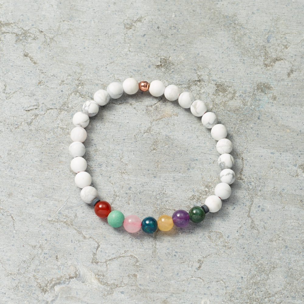 White stretch bracelet with stone beads. Measures 7.5"