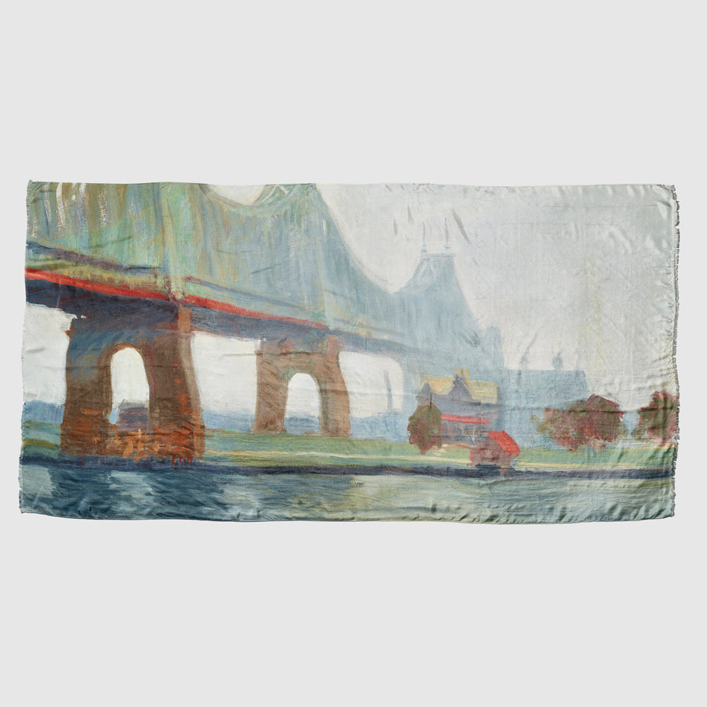 100% silk scarf featuring Edward Hopper's Queensborough Bridge. Measures 40" x 80"