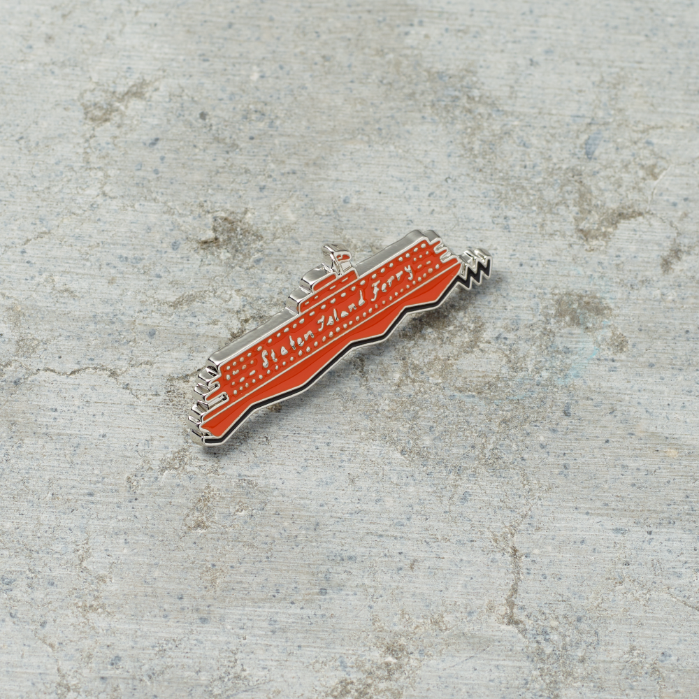 Staten Island Ferry hard enamel and metal pin illustrated by Tamara Shopsin.