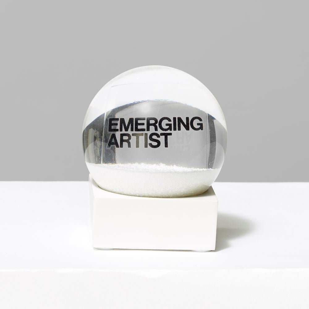 3 Fl oz. and 2.56" Snow Globe featuring the text "Emerging Artist"