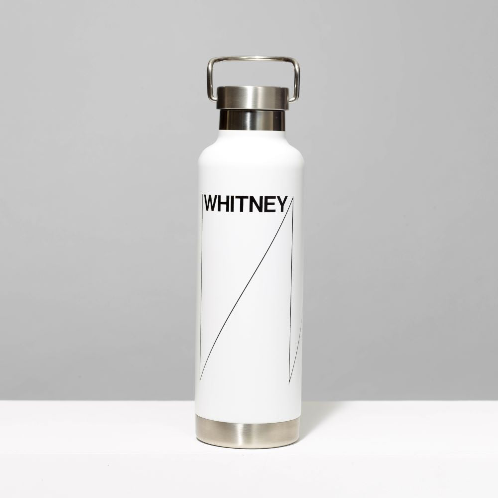 White Stainless Steel Whitney insulated travel bottle with Whitney logo. Holds 24 oz. hot or cold liquids. Measures 10" x 3"