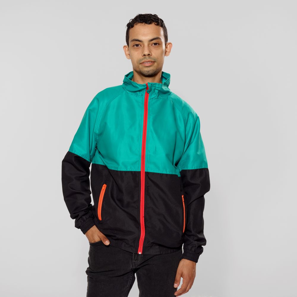 Model wearing 100% Polyester Microfiber Biennial Track Jacket