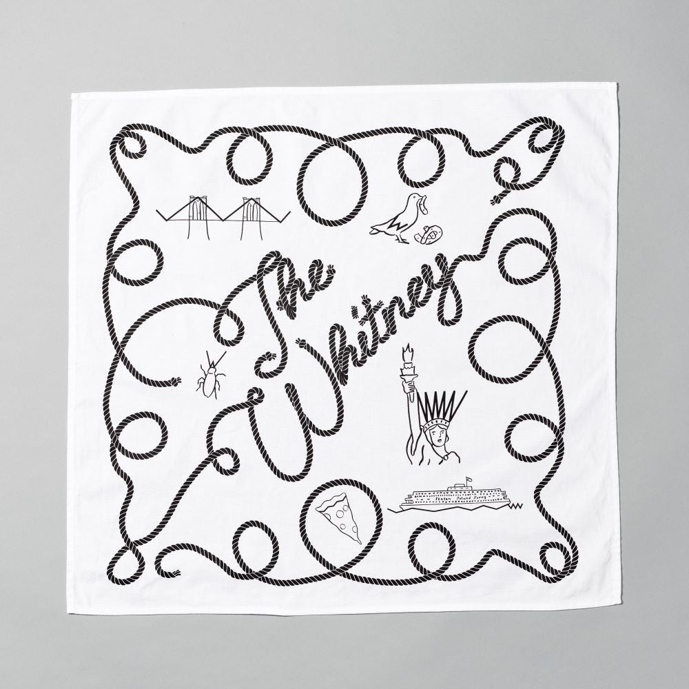 100% cotton, 23" x 23" white bandana with illustrations by Tamara Shopsin