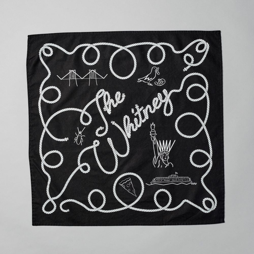 100% cotton, 23" x 23" black bandana with illustrations by Tamara Shopsin