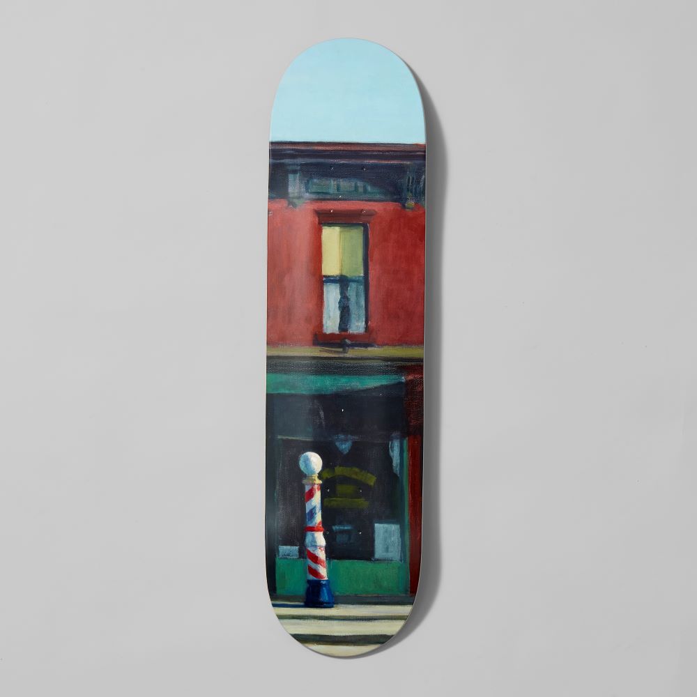 Maple wood skate deck featuring Edward Hopper's Early Sunday Morning. Measures 31" x 8" x .5".