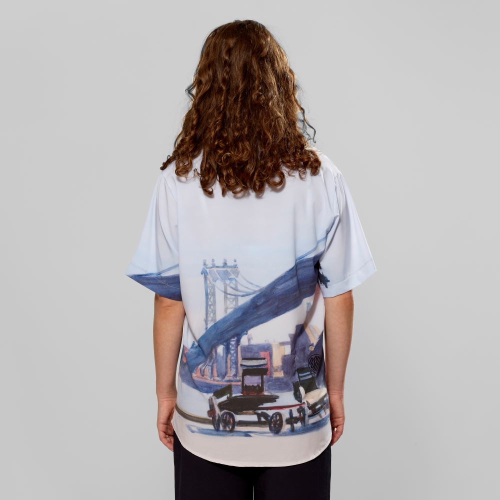 Model wearing 97% Polyester and 3% Elastane Hoppster shirt featuring Edward Hopper's Manhattan Bridge
