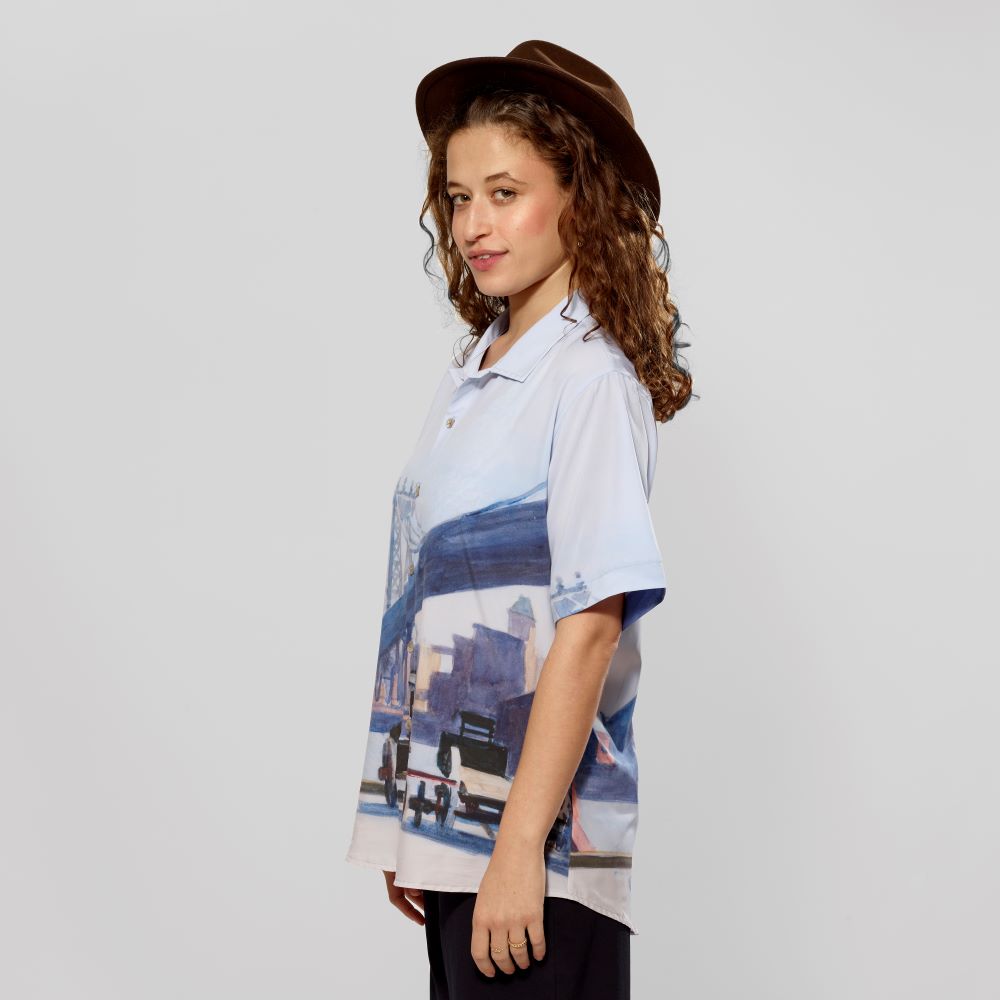 Model wearing 97% Polyester and 3% Elastane Hoppster shirt featuring Edward Hopper's Manhattan Bridge