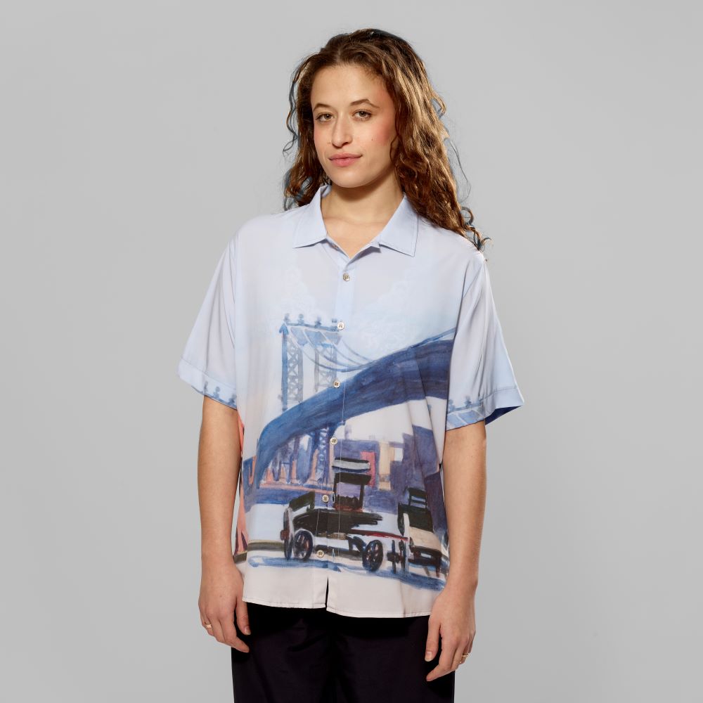 Model wearing 97% Polyester and 3% Elastane Hoppster shirt featuring Edward Hopper's Manhattan Bridge