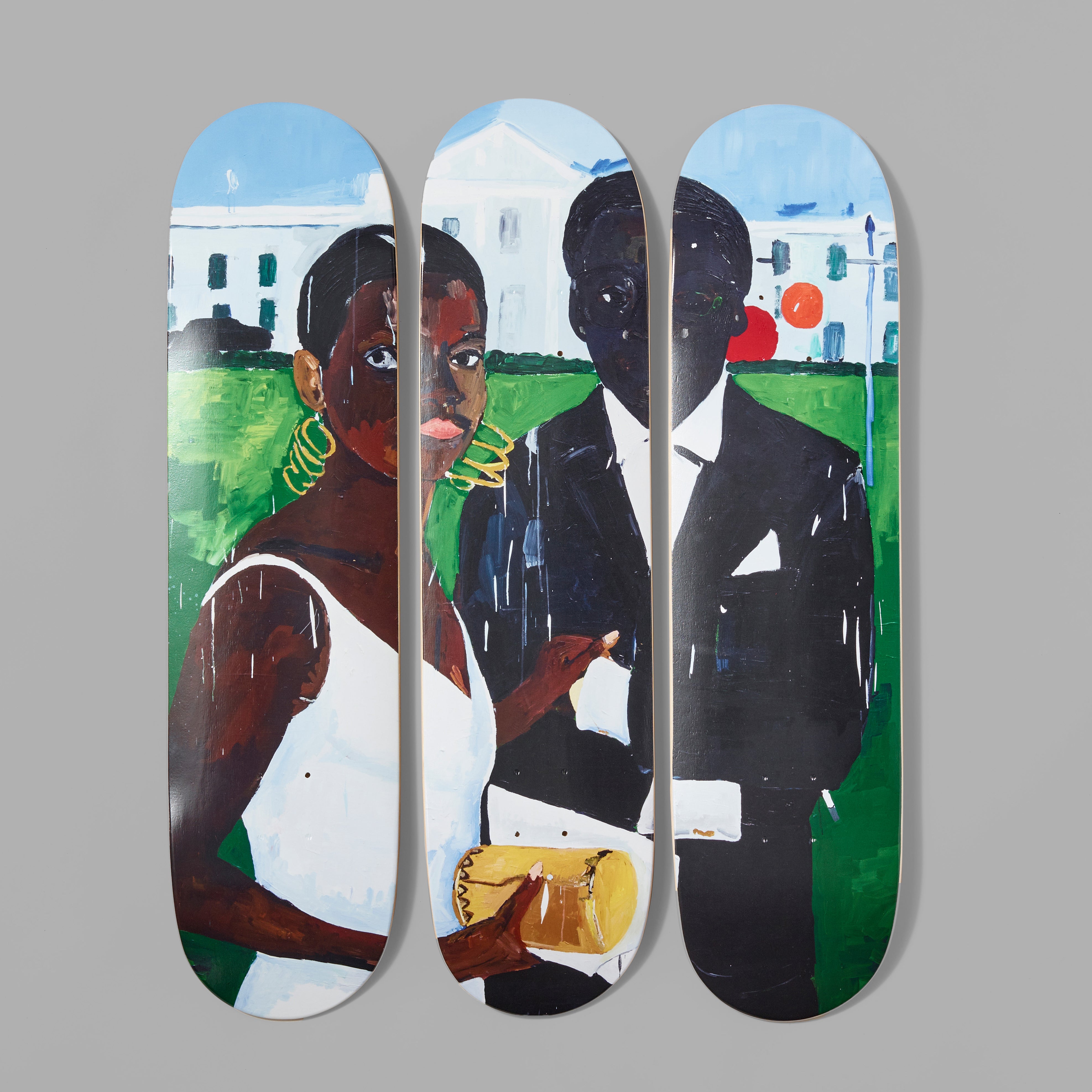 Set of three Maple wood skate decks featuring Henry Taylor's Cicely and Miles Visit the Obamas. Measures 31" x 8" x .5" each.