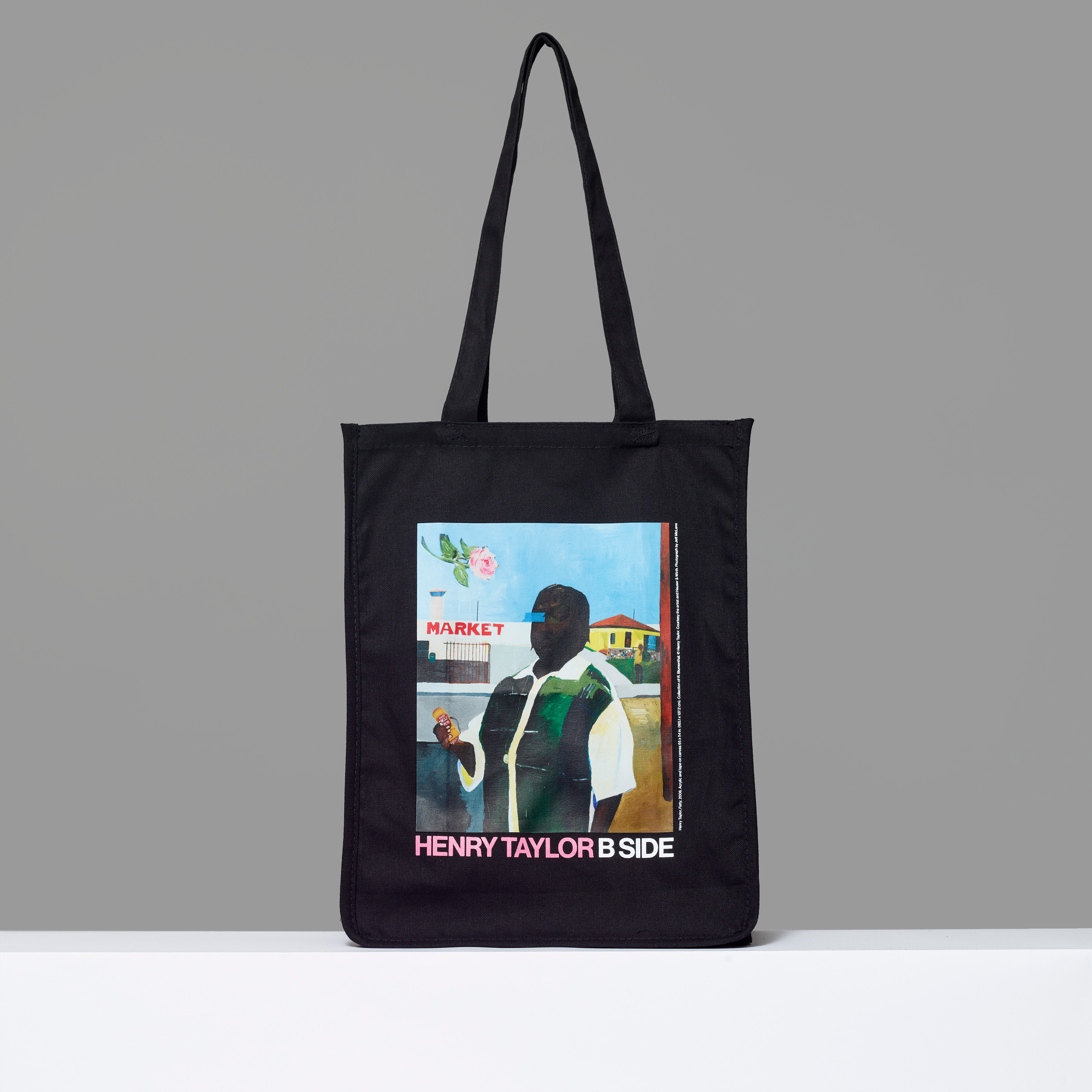100% cotton black tote featuring Henry Taylor's Fatty. 15" H x 14.25" L x 5" W.