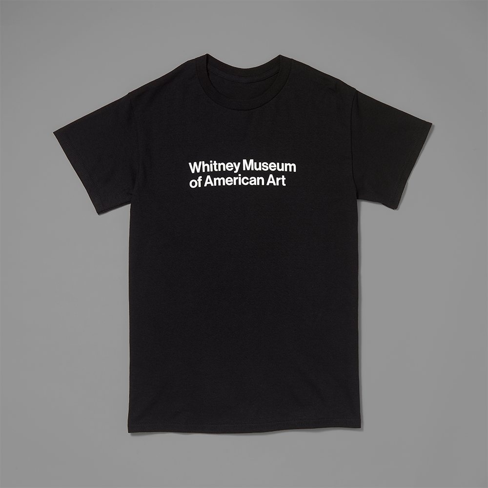 100% cotton black t-shirt with Whitney Museum of American Art screen printed in white across