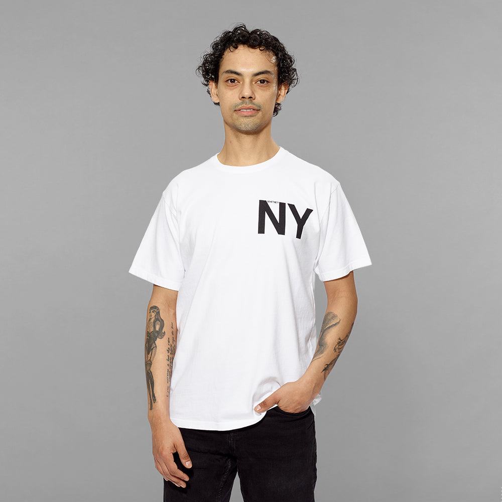 Model wearing 100% cotton white t-shirt with NY and Whitney screen printed in black