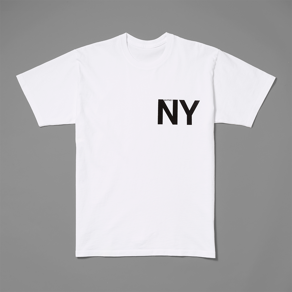 100% cotton white t-shirt with NY and Whitney screen printed in black