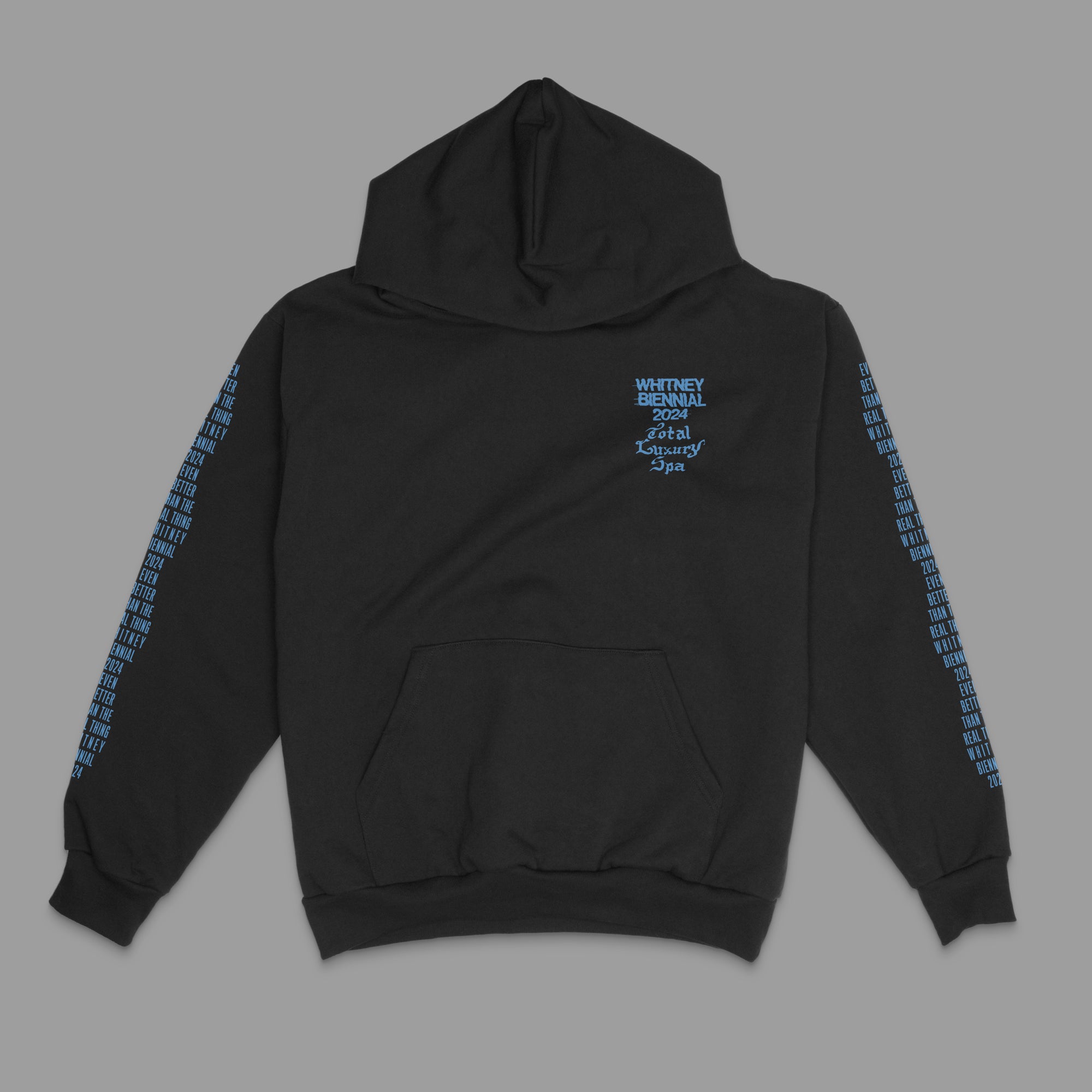 100% cotton black heavyweight fleece hoodie featuring blue graphics and text on the Whitney Biennial 2024: Even Better Than The Real Thing