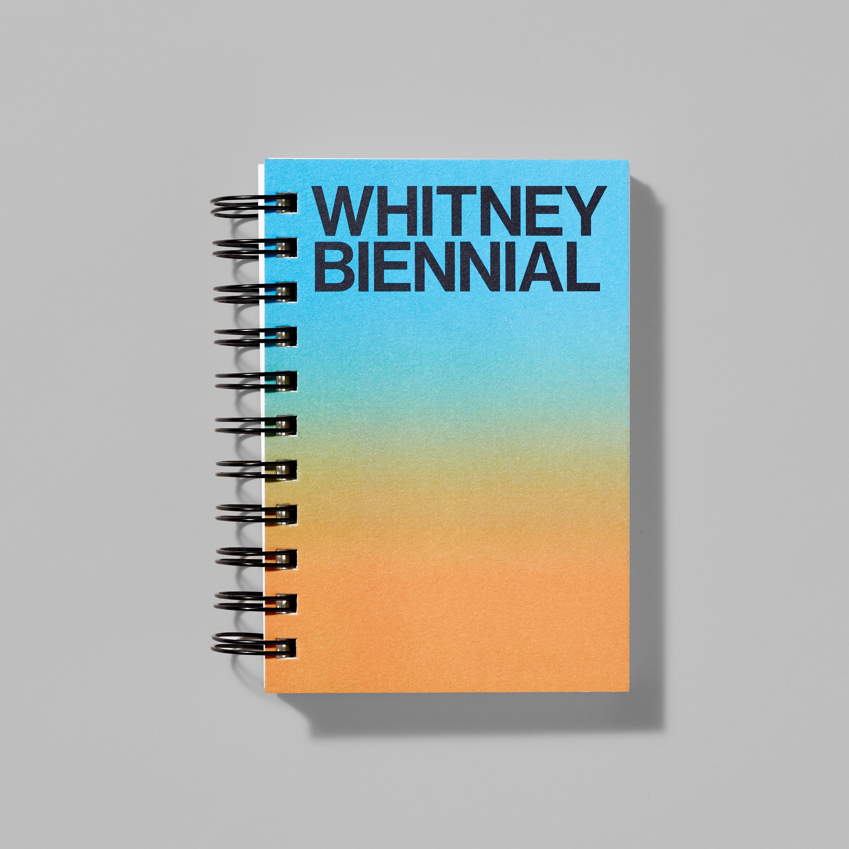 Blue and orange gradient spiral notebook featuring Whitney Biennial in black text
