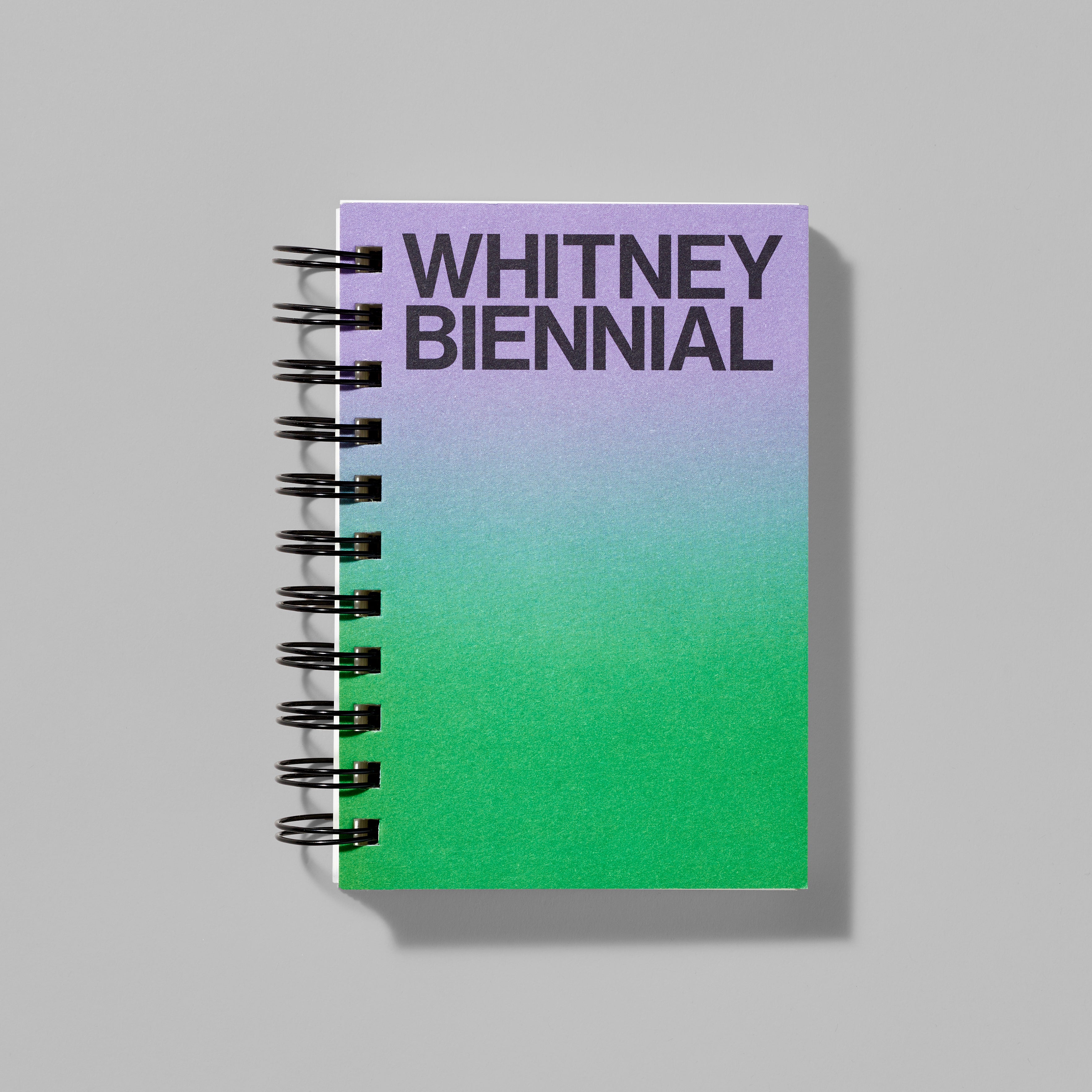 Green and purple gradient spiral notebook featuring Whitney Biennial in black text