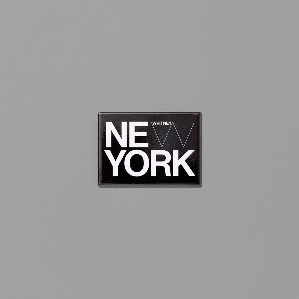 Black magnet with flexi-ceramic magnetic back featuring New York and the Whitney logo in white text. Measures 2.5" x 3.5"