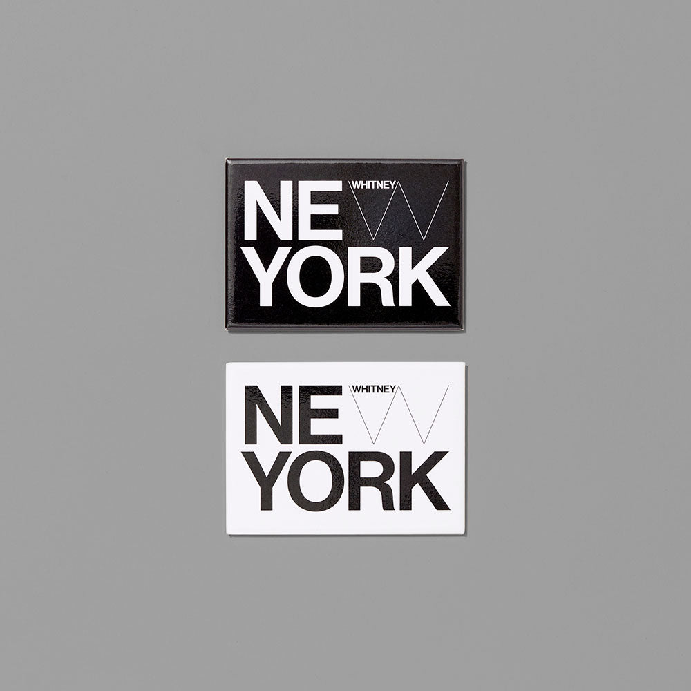 Set of two magnets with flexi-ceramic magnetic backs featuring New York and the Whitney logo. Each measures 2.5" x 3.5"
