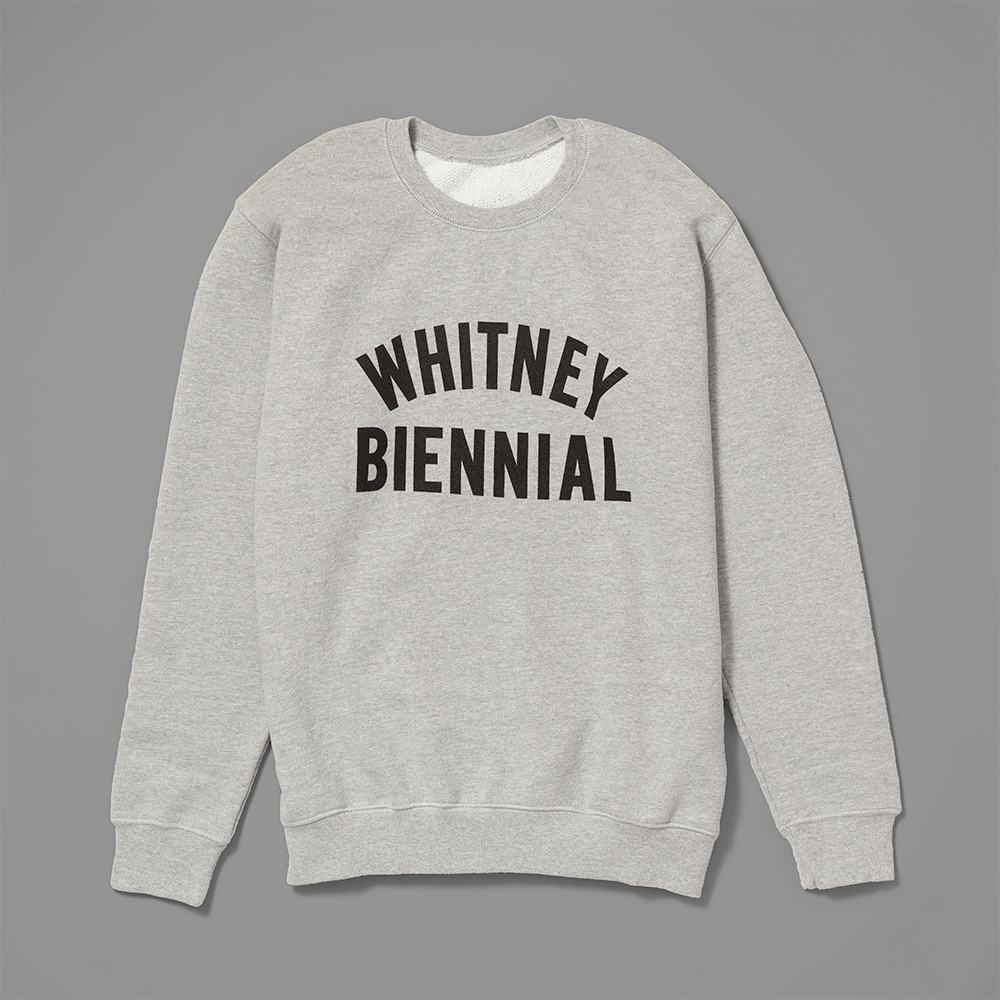 100% cotton gray crew sweatshirt with Whitney Biennial in black text