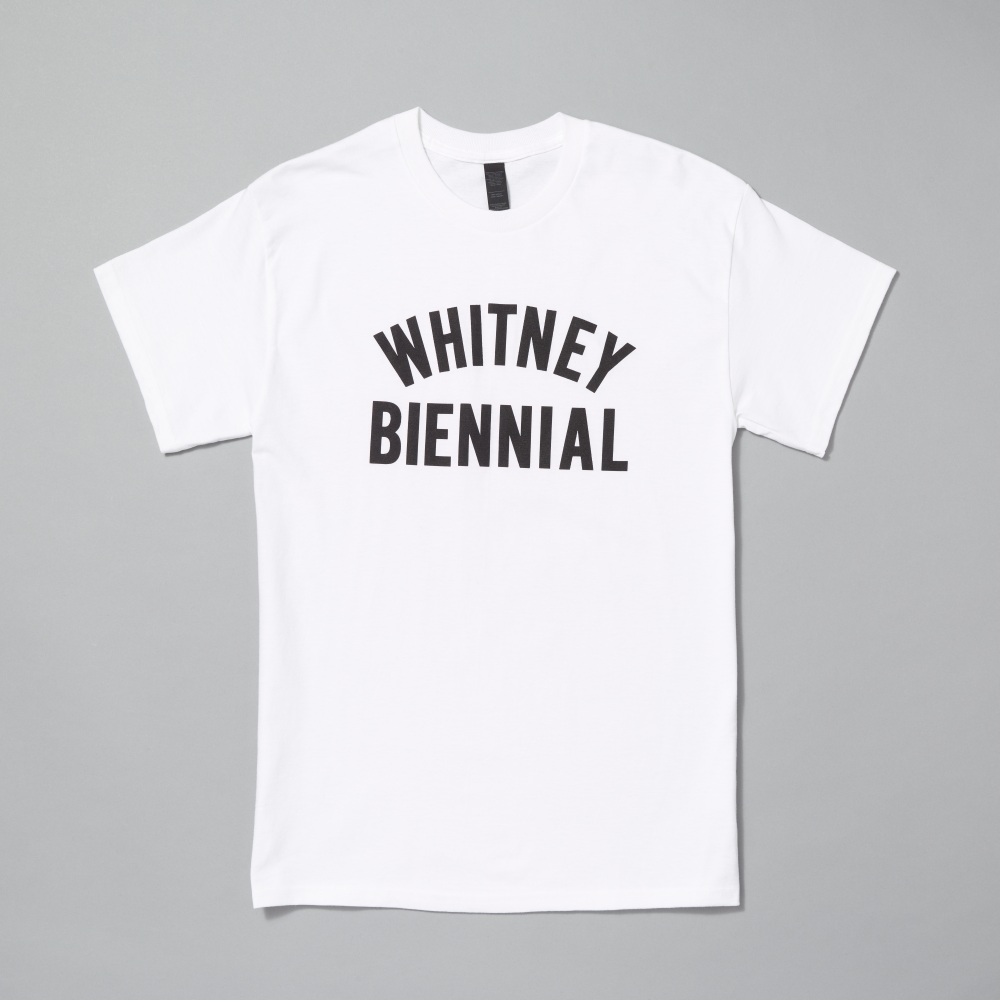 100% cotton white t-shirt with Whitney Biennial in black text