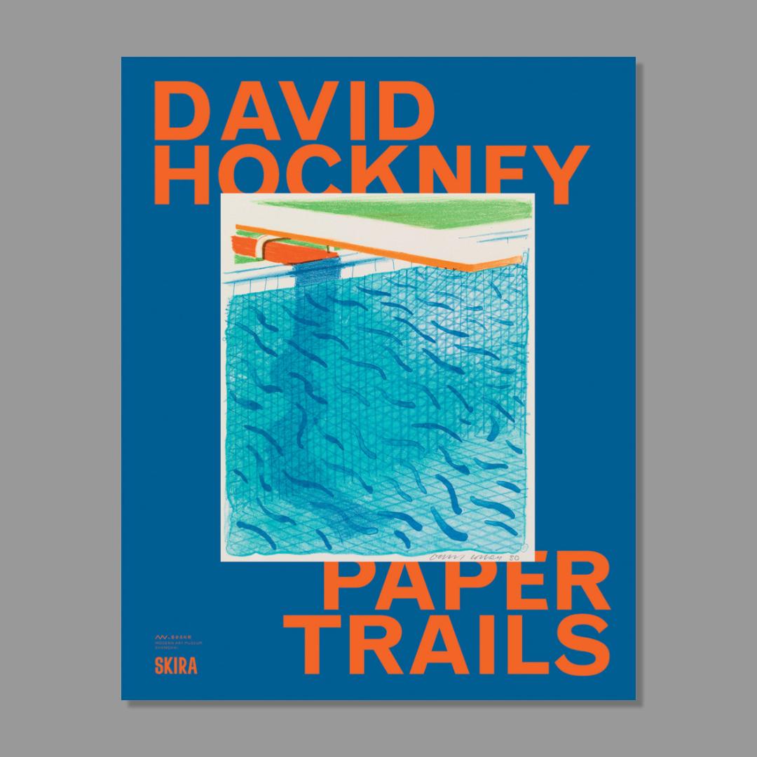 Book cover of 'Paper Trails' by David Hockney with a pool illustration on a blue background.
