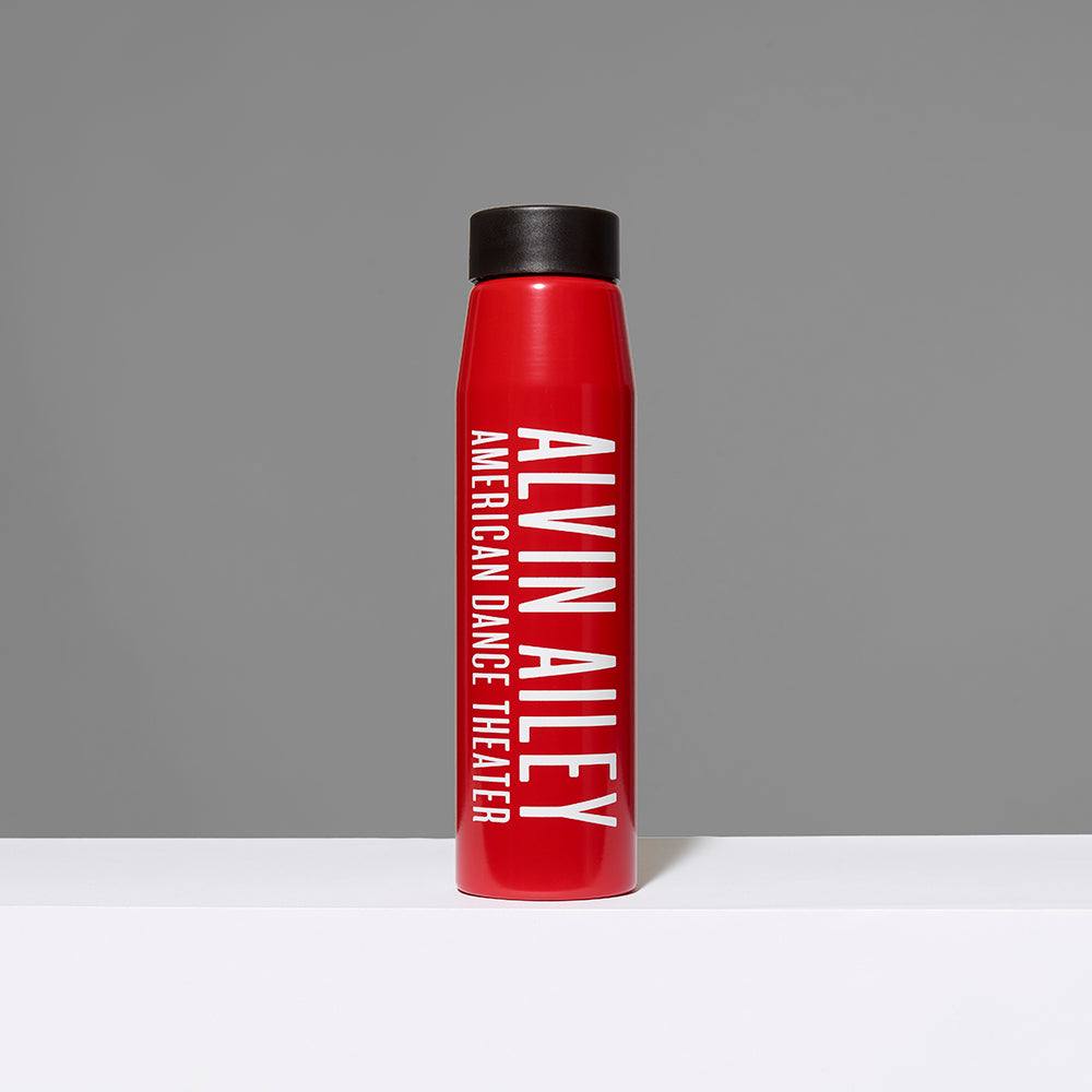 Red 24 oz. Aluminum with screw top lid water bottle featuring Alvin Ailey American Dance Theater in white text