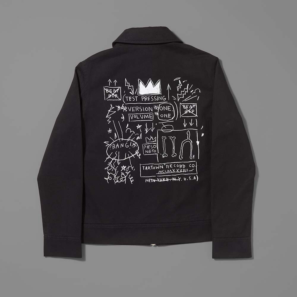 Black jacket with white graphic design on a gray background