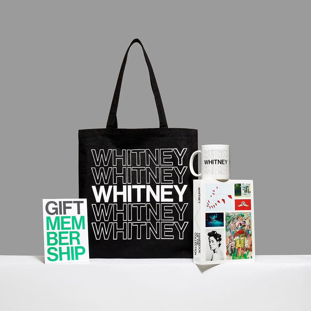 Membership Bundle featuring a gift membership, the Whitney Handbook of the Collection, Whitney Repeat Tote and Whitney Repeat Mug