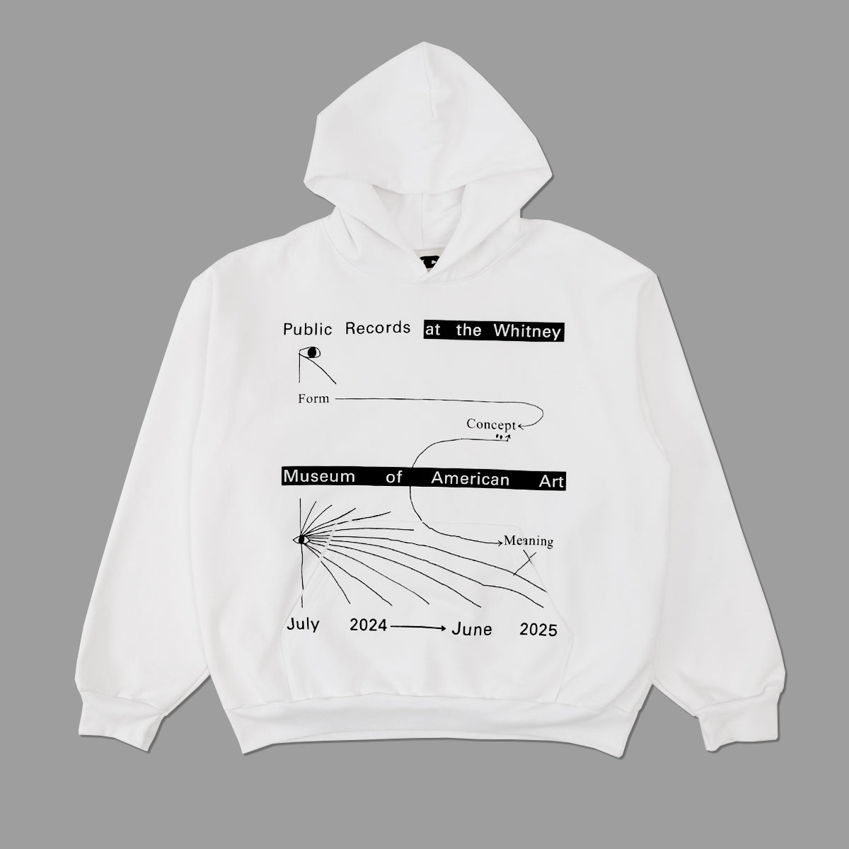 A white pullover hoodie with a black graphic print on the front, laid flat against a solid gray background. The graphic features text and abstract line drawings related to 'Public Records at the Whitney' and 'Museum of American Art'.
