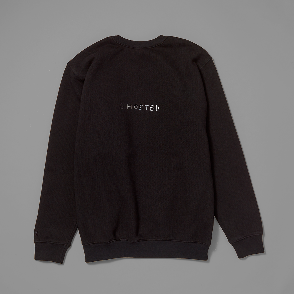 Back of 100% cotton black crewneck sweatshirt featuring GHOSTED in white text