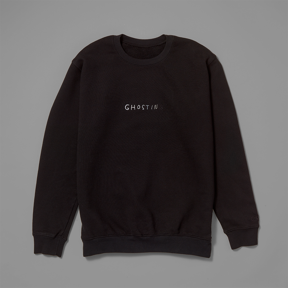 100% cotton black crewneck sweatshirt featuring GHOSTING in white text