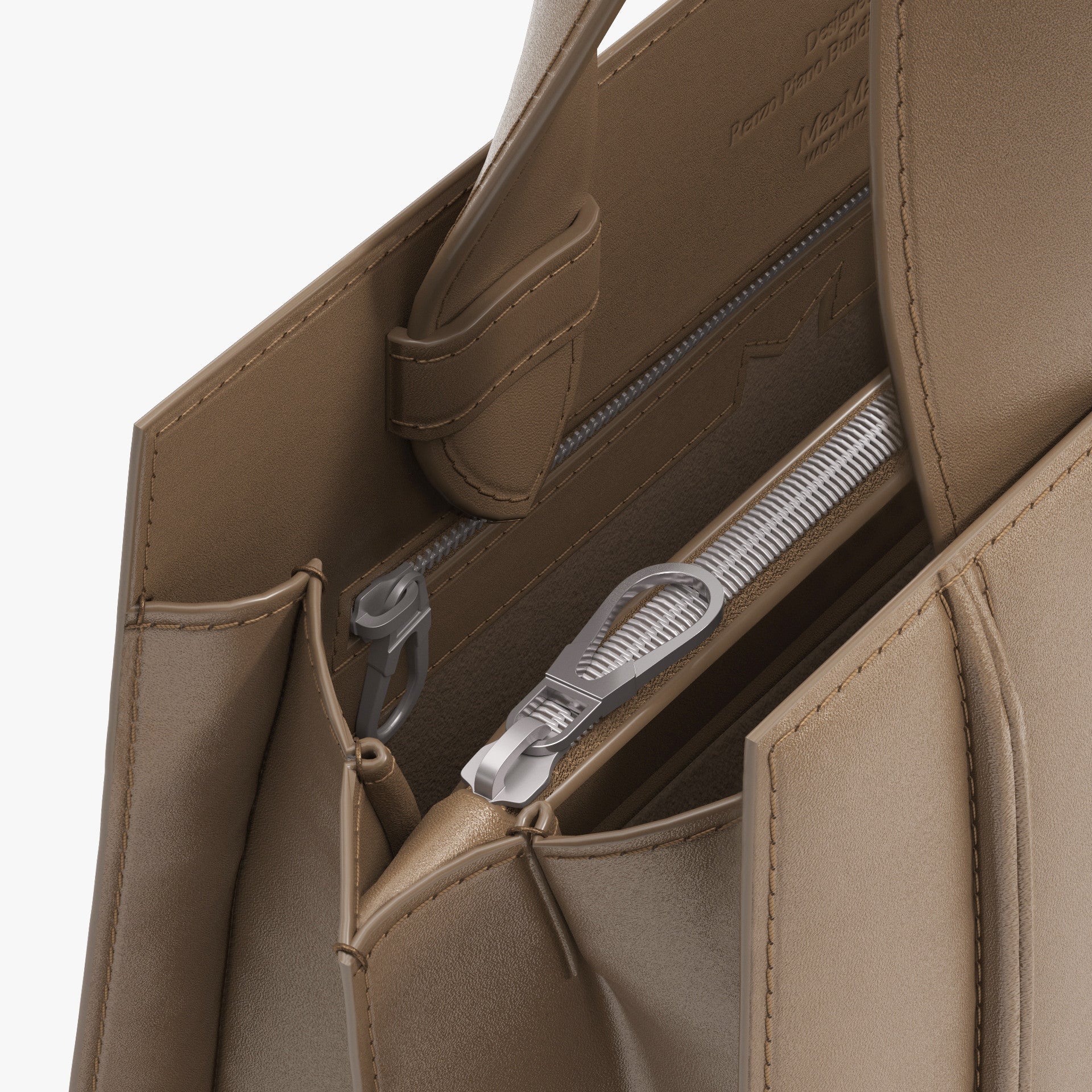 Close-up of a camel leather bag with a silver zipper pocket on a white background