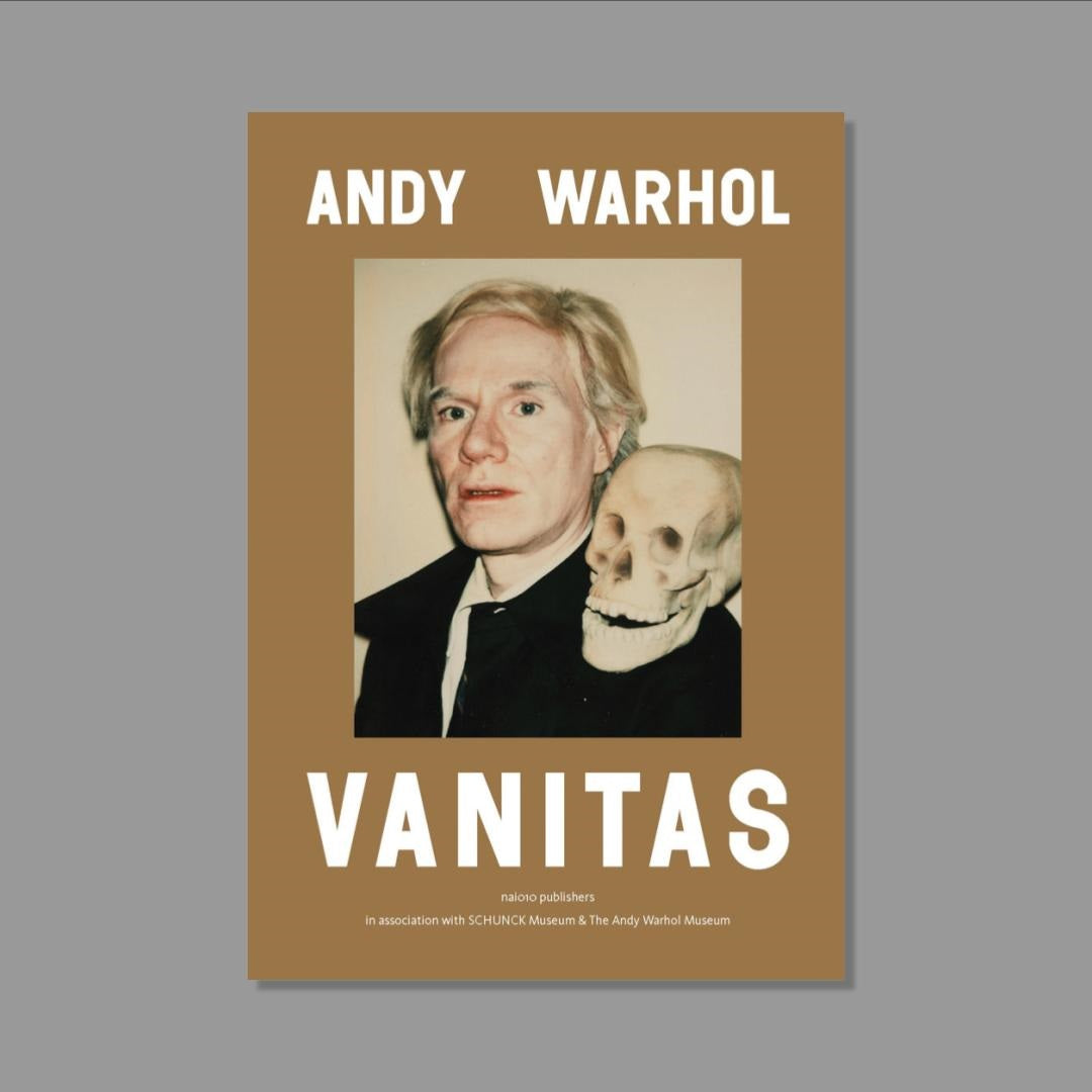 Book cover of 'Vanitas' by Andy Warhol with a portrait and skeleton on a brown background