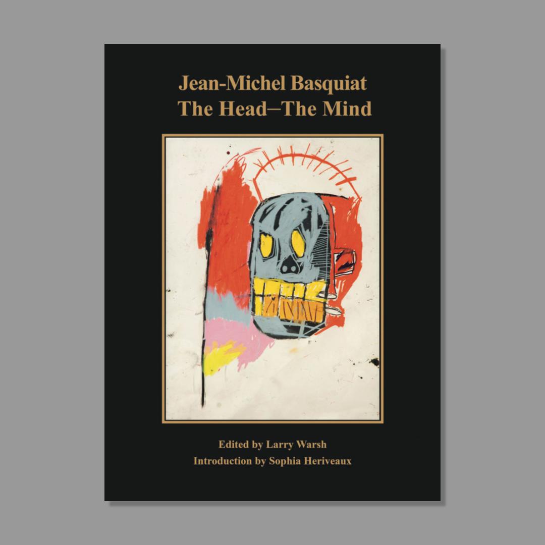 Book cover of 'Jean-Michel Basquiat: The Head—The Mind' with a stylized skull illustration on a gray background.