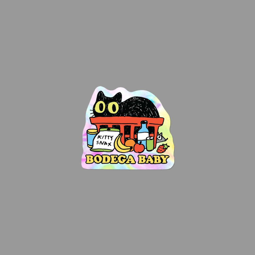 Sticker with a black cat, colorful text, and 'Bodega Baby' branding on a gray background