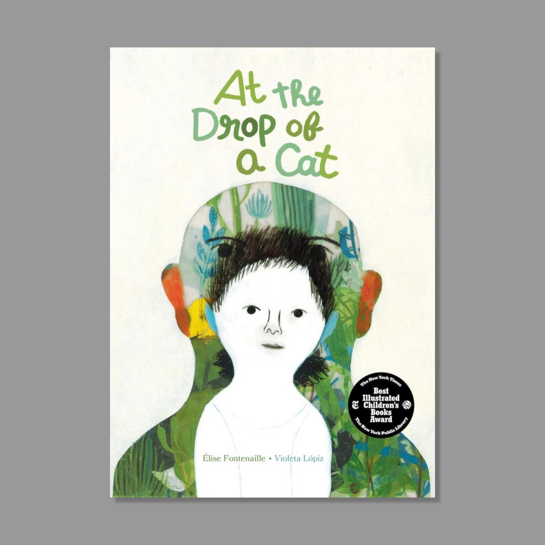 Book cover of 'At the Drop of a Cat' with colorful design and text on a gray background