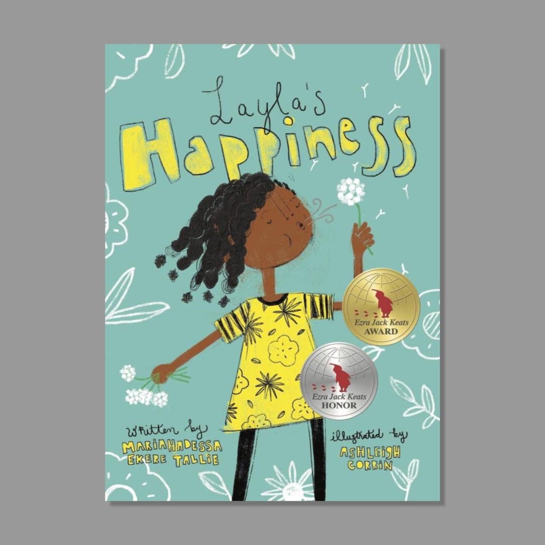 Book cover of 'Layla's Happiness' with a child holding a flower on a teal background.