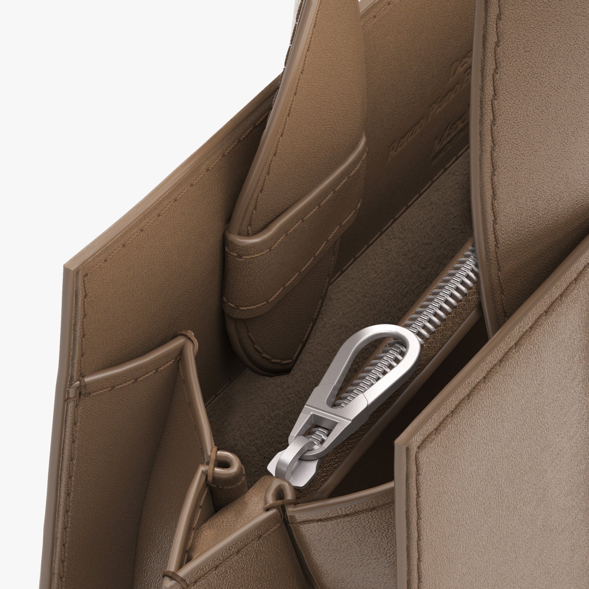 Close-up of a camel leather bag with a silver zipper on a light gray background