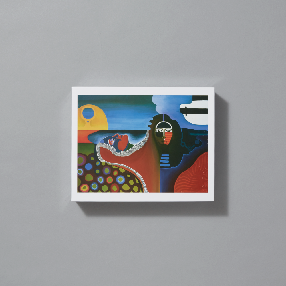 Box containing puzzle featuring Linda Lomahaftewa's Untitled Woman's Faces