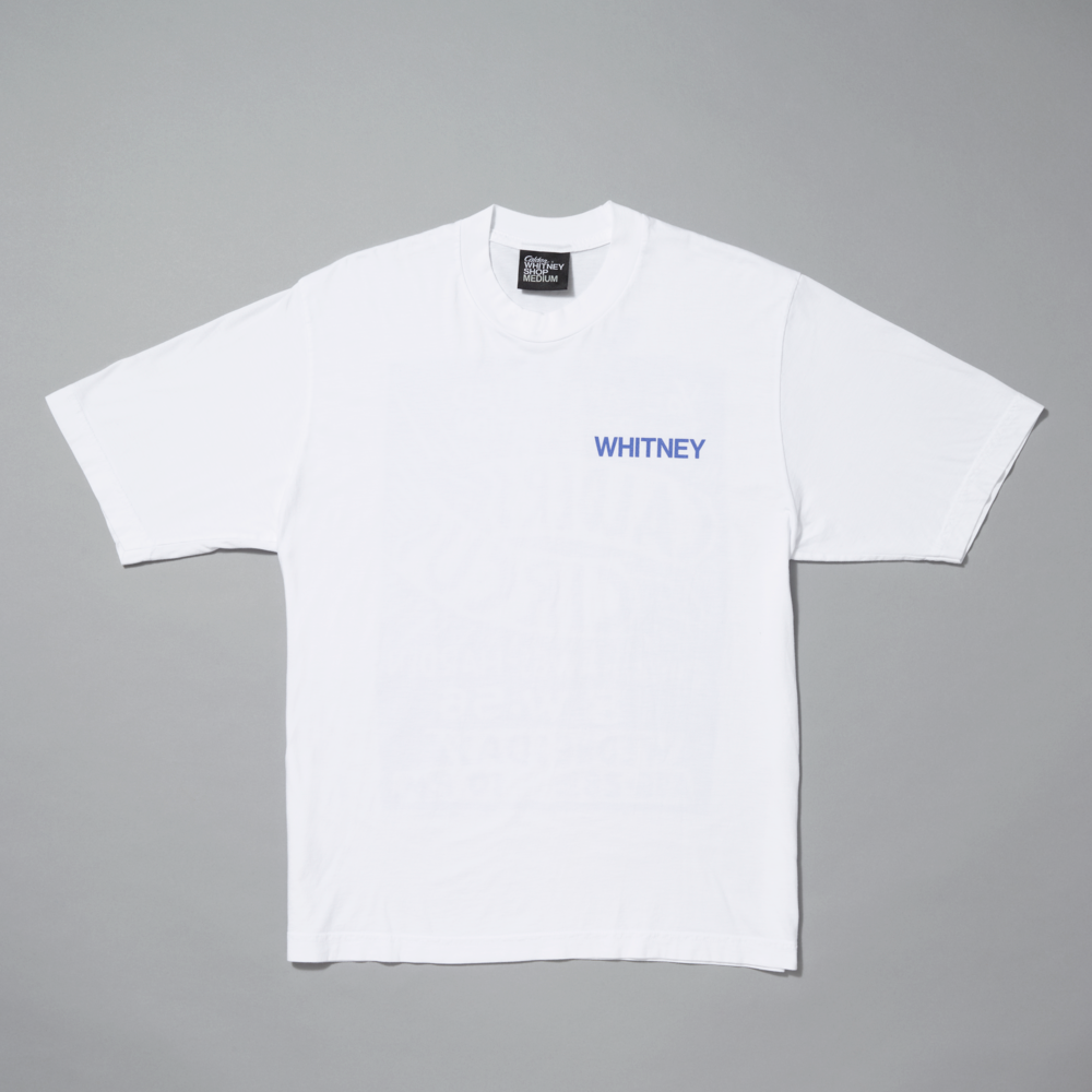 White t-shirt with 'WHITNEY' logo on a gray background