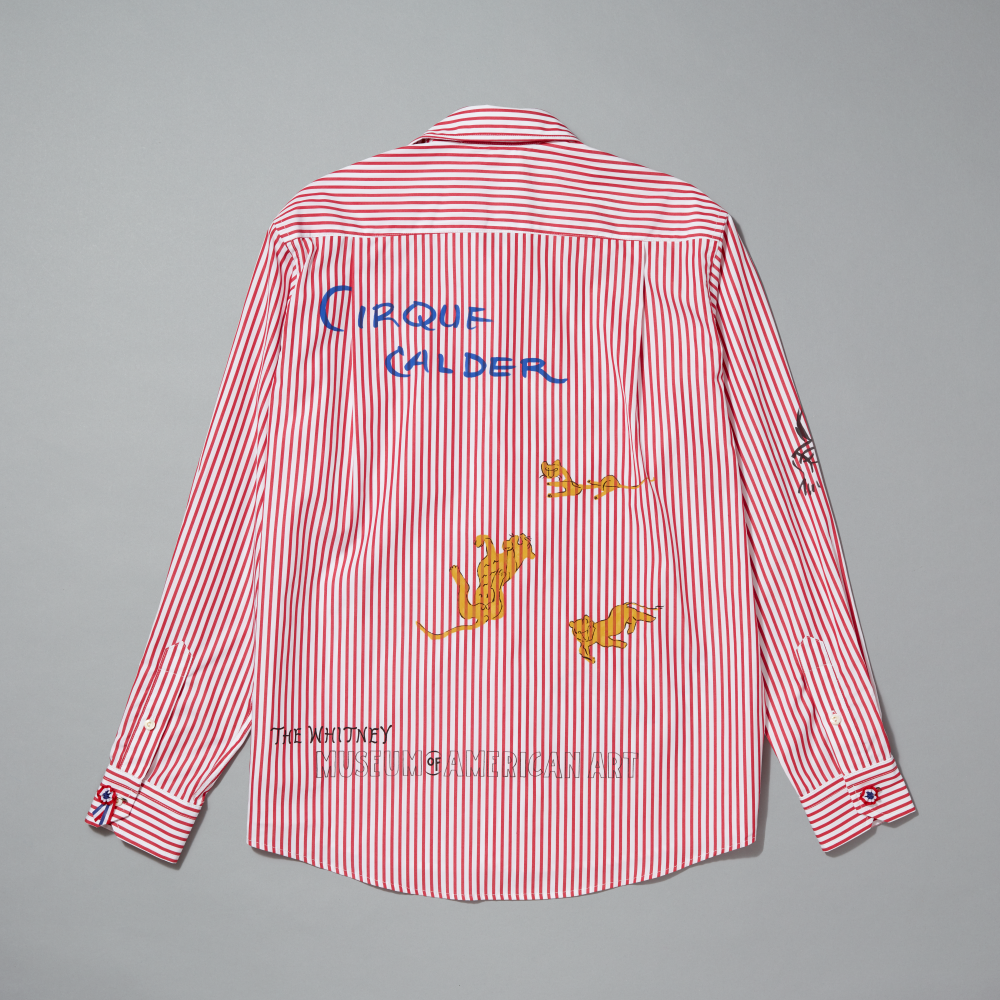 Red and white striped shirt with 'Cirque Calder' embroidery on a gray background