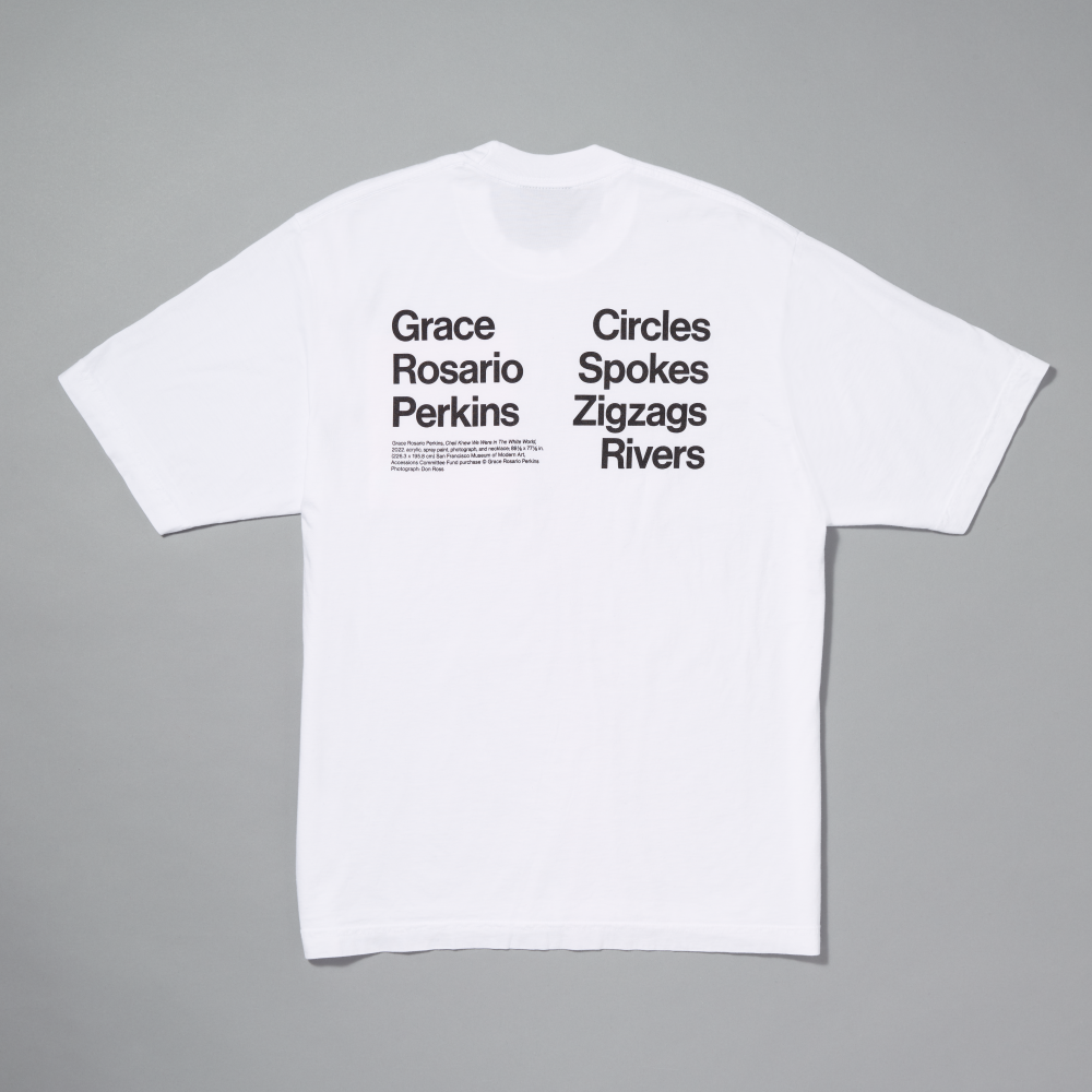 White t-shirt with black text on a gray background