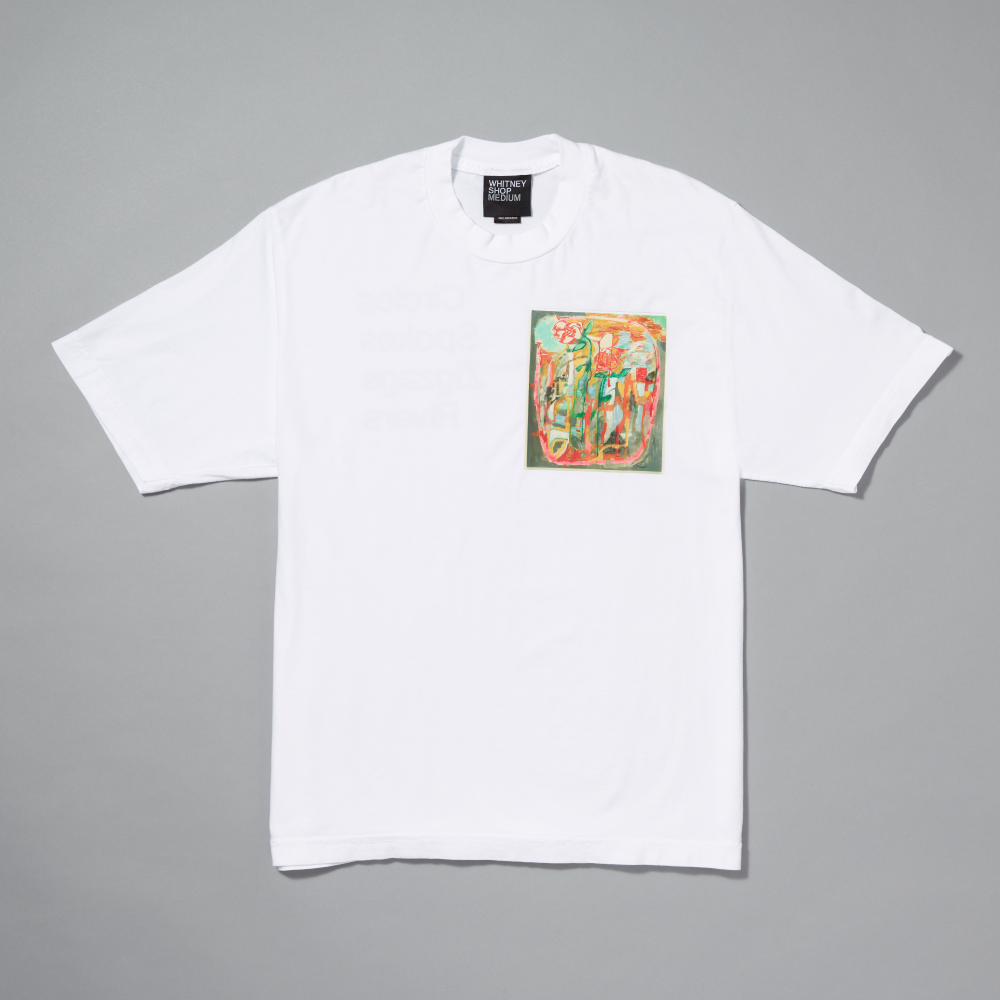 White t-shirt with a colorful graphic on the chest against a gray background