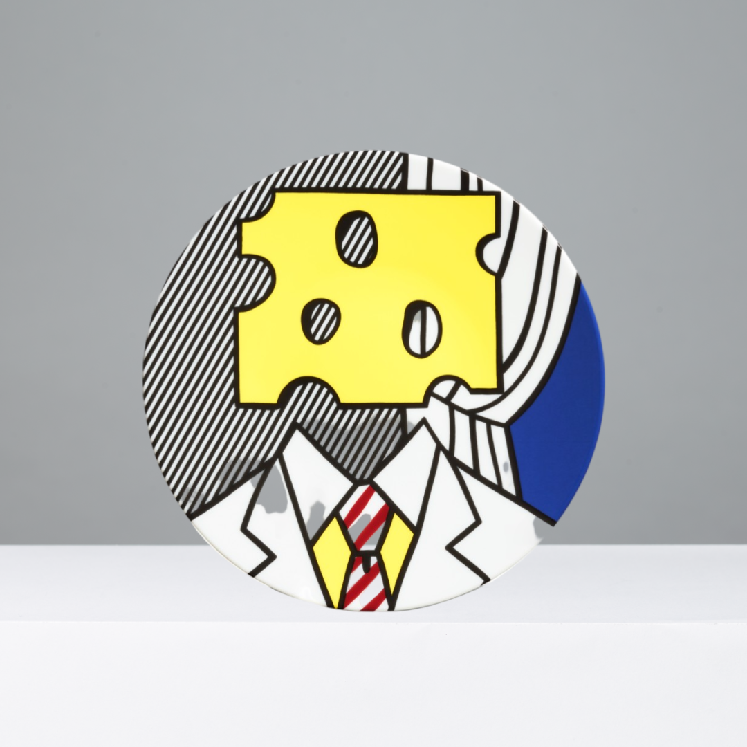 Circular plate with a stylized illustration of a person in a suit against a gray background