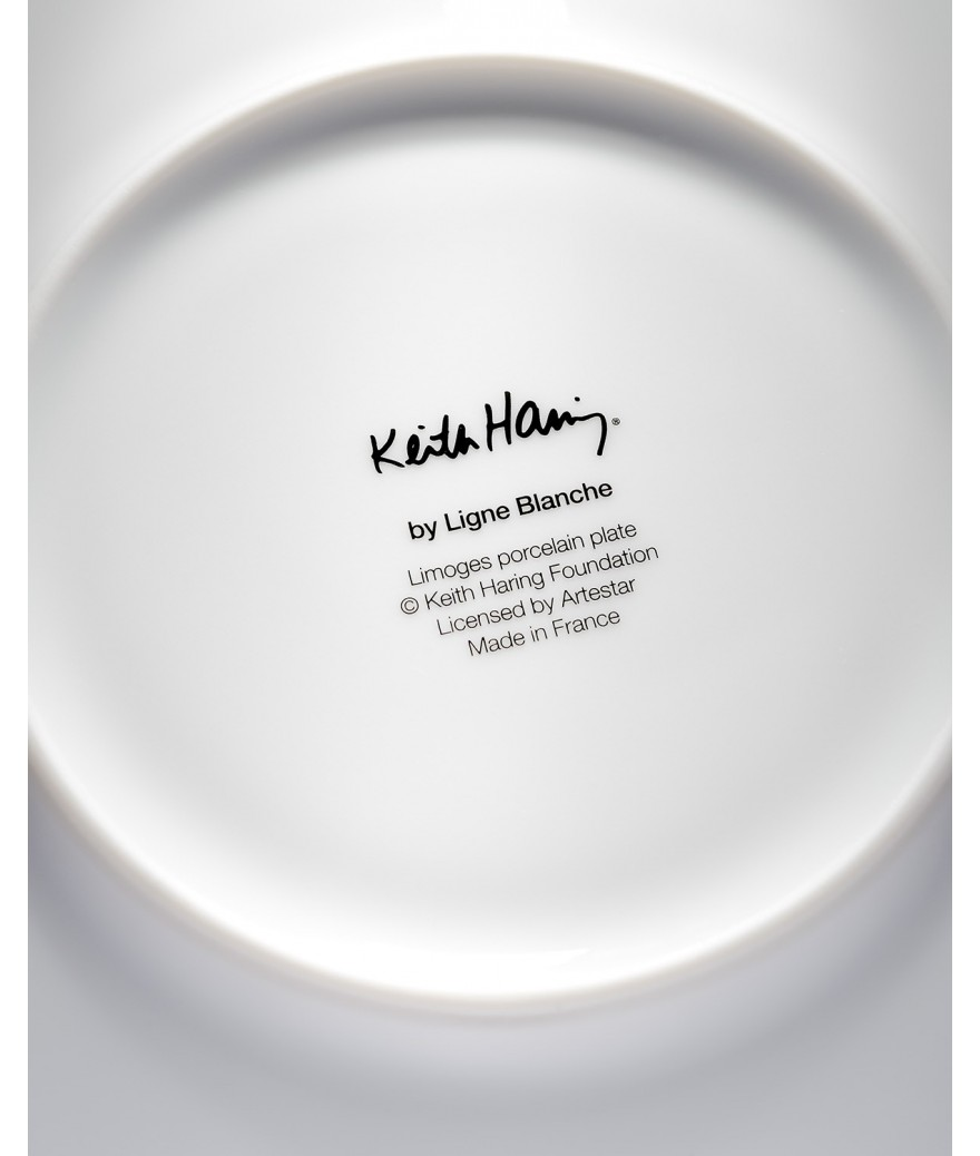 White ceramic plate with 'Keith Haring' branding and text on a white background